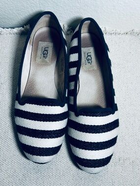 UGG Alloway Back+ White Striped Woven Canvas Ballet Flats Loafers